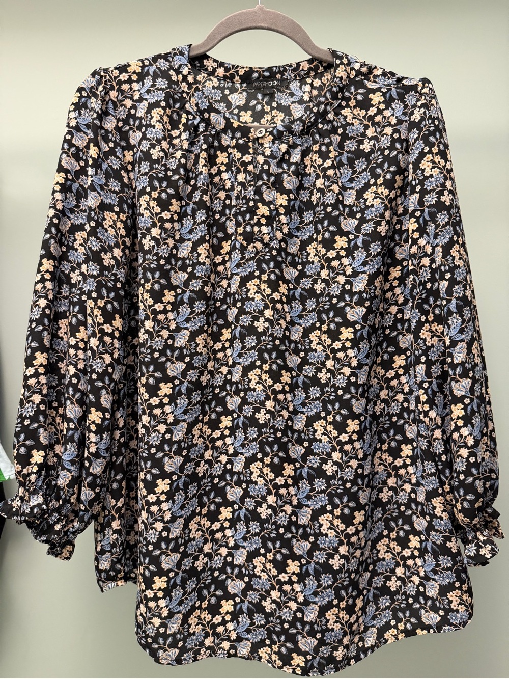 Papermoon Black Blouse with Blue & Cream Floral Print